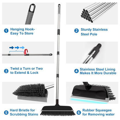 ITTAR Floor Scrub Brush with 55" Long Handle, 10" Wide Stiff Bristles Deck Brush, Stainsless Steel Pole Heavy-Duty Cleaning Brush, 2-in-1 Scrubber with Ruber Squeegee for Deck, Patio, Pool, Tile, Wall