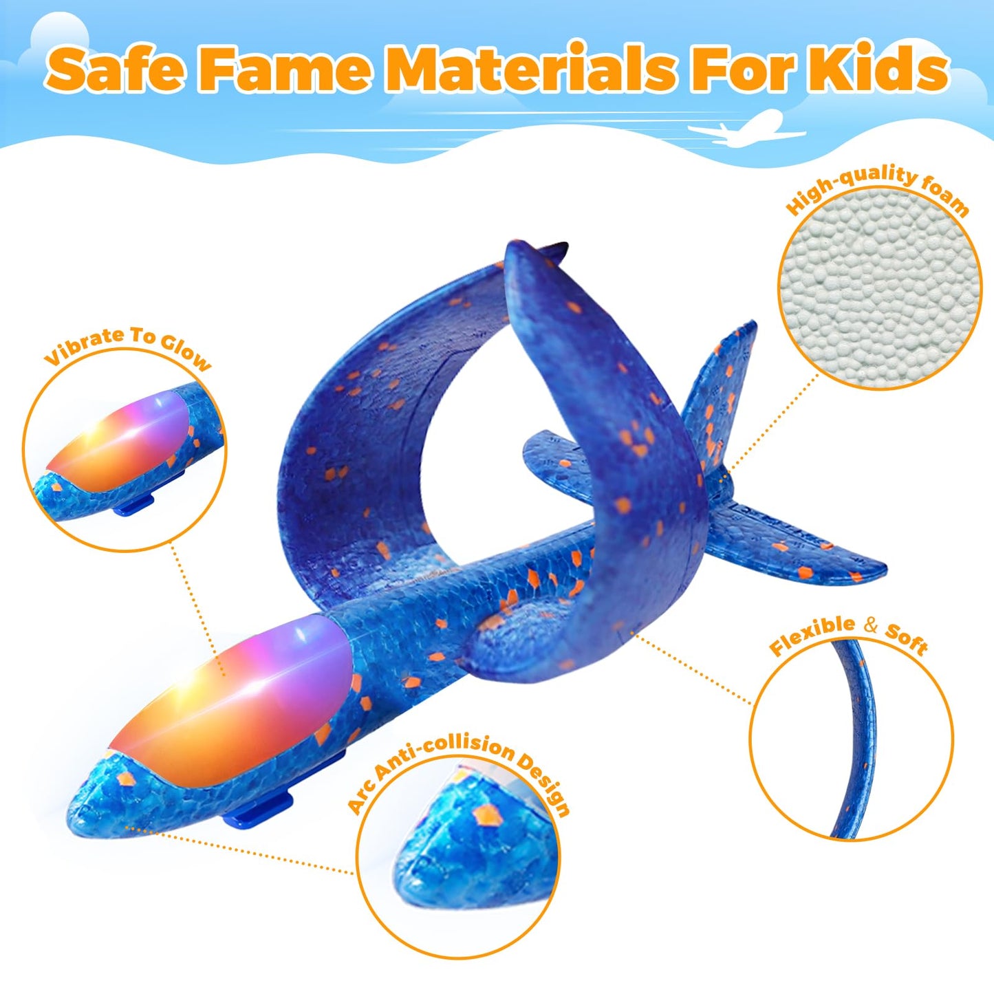 SpringFlower 4 Pack Airplane Flying Toys, 4 Throwing Foam Plane Toy for 3 4 5 6 7 8 Years Old Boys Kids, 2 Flight Modes LED Foam Glider Plane, Outdoor Flying Toy Birthday Gifts for for Boys & Girls