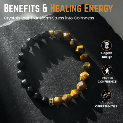 AKDNZ Triple Protection Bracelet for Men & Women - 8mm Tiger Eye, Black Obsidian & Onyx Beaded Bracelet for Grounded Protection, Natural Healing Crystal Bracelets for Confidence, Strength & Stability