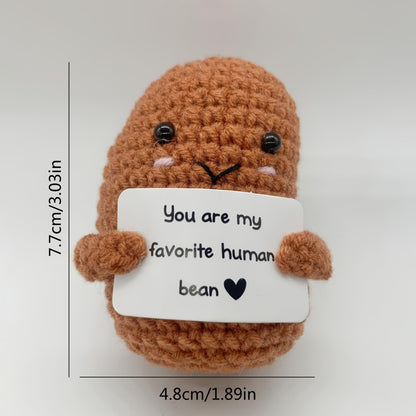 Funny Emotional Support Ornament, Creative Gift Handmade, Crochet Positive Bean Plush Doll with Motivational Message Card, Soft Yarn, 3x1.89 Inch, Desk Companion,Cute Doll,Positive Bean