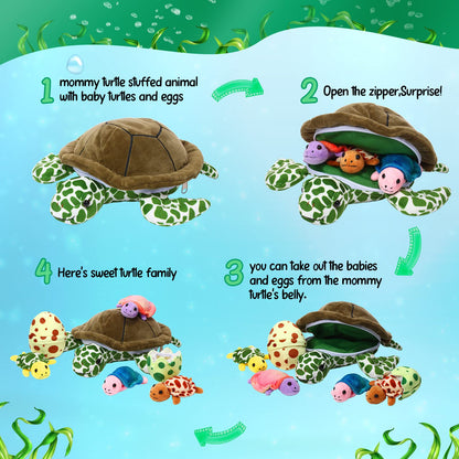 Aoriher 6 Pieces Sea Turtle Stuffed Animal with Babies 12" Mommy Stuffed Sea Turtle with 3 Little Plush 2 Plush Eggs Soft Pillow Tortoise Hugging Gifts for Kids Birthday Baby Shower Party(Modern)