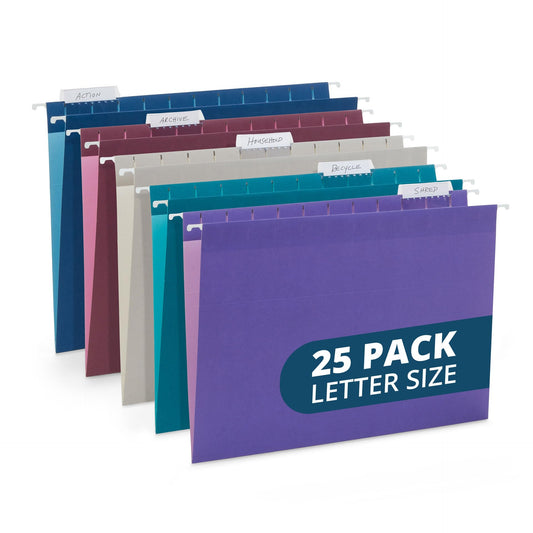 Blue Summit Supplies 25 Jewel Tone Hanging File Folders Letter Size with Tabs, Reinforced Hanging File Folders Jewel Tone, Includes Plastic Tabs and Inserts