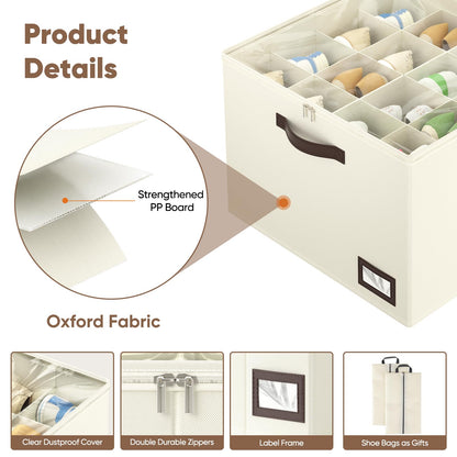 OIAHOMY 2 Pack Shoe Organizer for Closet, Large Foldable Shoe Storage Bins with Dividers and Reinforced Handles, Each Clear Cover Sneaker Box Fits Up to 16 Pairs for Entryway and Bedroom, Beige