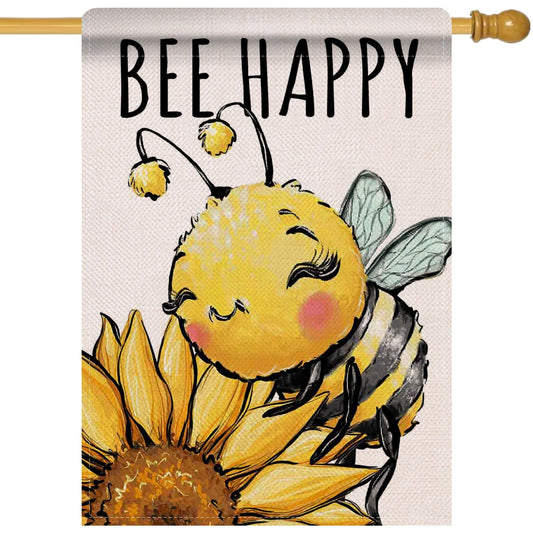 Artofy Spring Summer Bumble Bee Sunflower Large Decorative House Flag, Bee Happy Flower Floral Yard Garden Outside Decor, Honeybee Seasonal Burlap Outdoor Home Decoration Double Sided 28 x 40