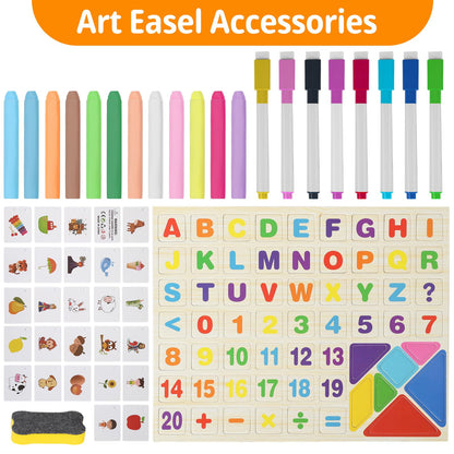 Kids Wooden Easel with Abacus, Double Sided Magnetic Drawing Board Dry Erase Whiteboard & Chalkboard， Foldable Easel for Toddlers 2-4 Years Painting Easel Kids 3-6