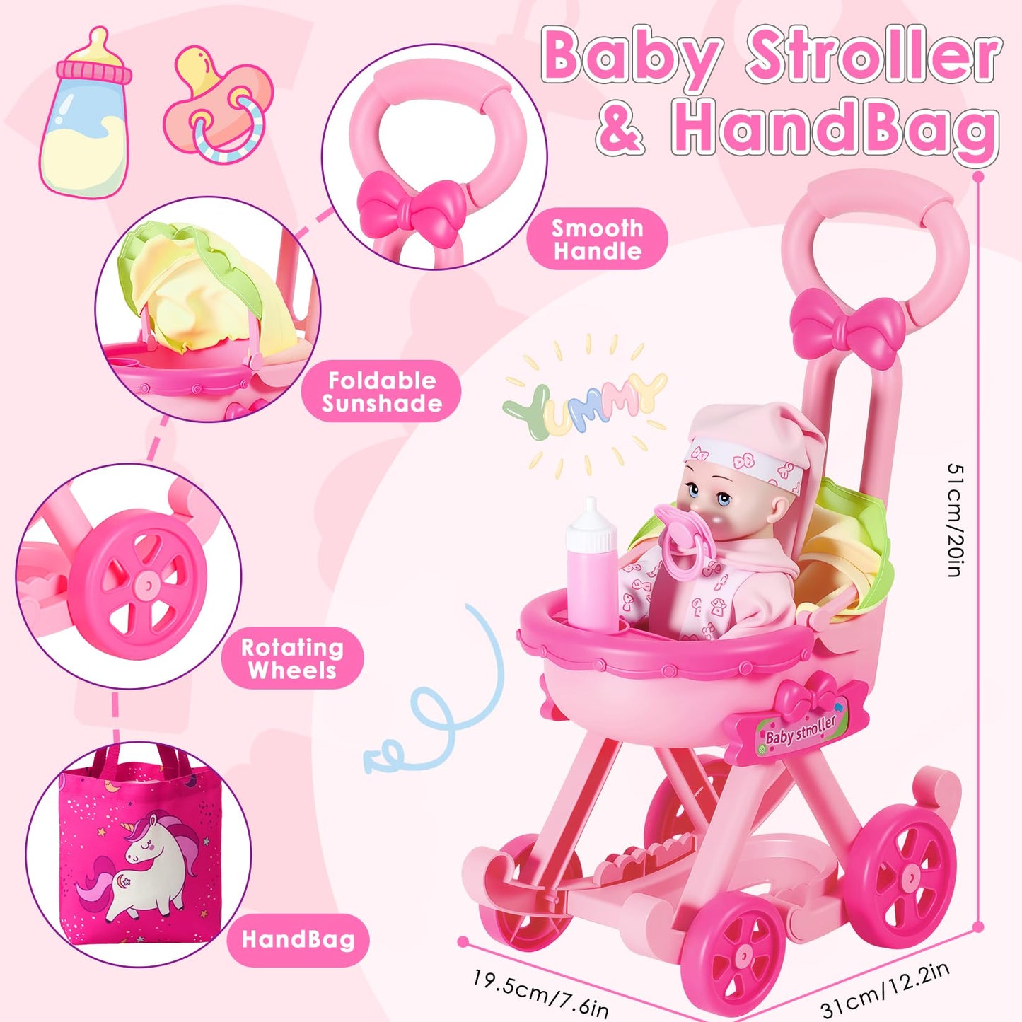HUITEM Baby Doll Stroller Toys Set, 17 PCS Baby Doll Accessories Stroller Toys with Baby Dolls,2 Sets Doll Clothes, Playpen, Handbag, Feeding Nursery Pretend Play Gifts for Girls Toddlers 3 4 5