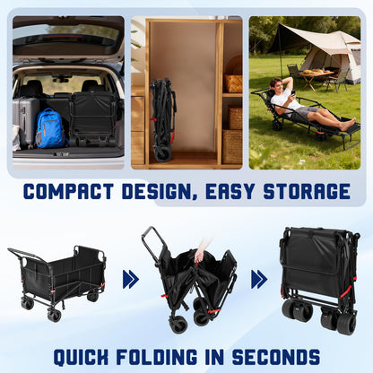 LEVELEVE Heavy Duty Folding Wagon - 2-in-1 Collapsible Cart, 650lb Capacity, All-Terrain Wheels w/Brakes & Side Pockets