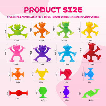 Suction Cup Kids Bath Toys for Toddler Aged 3, 60PCS Animal and Textured Suckers, Montessori Sensory Gifts for Kids 4-8 Years Old, Educational Learning Building Toy