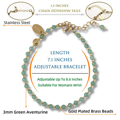 Morchic 3mm Green Aventurine Natural Gemstone Beaded Bracelet for Women, Dainty Tiny Charm Jewelry, Adjustable 7.1-8.6", Ideal Birthday Holiday Gift
