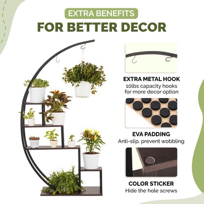 IDZO Metal Half Moon Plant Stand, Indoor Multiple Shelf for Planters, Dark Brown, Ideal for Living Room, Balcony & Bedroom Decoration, Upgraded, 2pcs