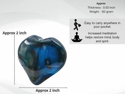 Amazing Gemstone Blue Onyx Agate Crystal Heart Palm Stone - Pocket Massage Worry Stone for Natural Body Chakra Balancing, Reiki Healing and Crystal Grid
