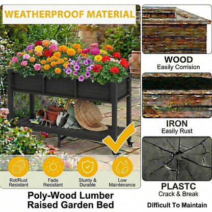 DWVO Raised Garden Bed HDPE with Wheels & Legs, 47x18x31in Weather-Resistant Poly-Wood Elevated Planter Box Outdoor, Double Tier Planters for Patio Balcony Backyard, Black