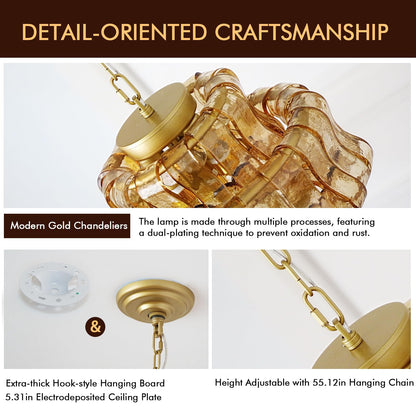 Arziheg 11.8in Kitchen Island Pendant Lights Gold, 4-Light Glass Dining Room Light, Height Adjustable 3 Layer Luxury Modern Pendant Light Fixture for Foyer Bedroom Entryway Hallway(Amber Glass)