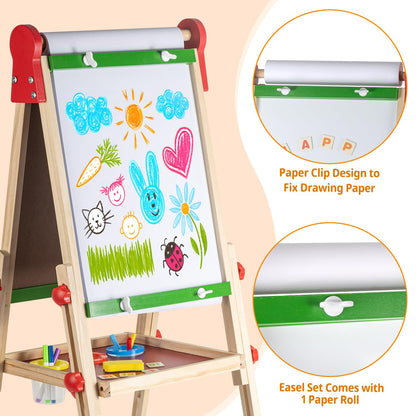 Kids Art Easel with Paper Roll for Toddlers, Adjustable Double Sided Magnetic Drawing Board Dry Erase Whiteboard & Chalkboard，Easel for Toddlers 2-4 Years Painting Wooden Easel Kids 4-8