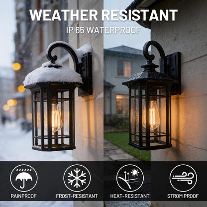 Starcurin Outdoor Porch Lights Wall Mount, Outdoor Wall Light Fixtures Exterior Lights for House, Black Lantern Cage Coach Carriage Light with Clear Glass for Front Door Garage Patio