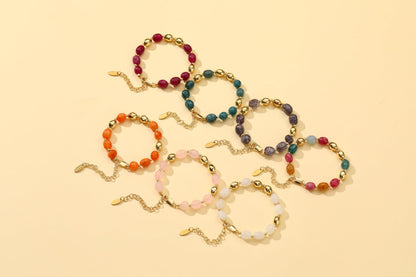 NVWAROCK Beaded Bracelet for Women, Gemstone Bracelet, 14K Gold Plated Stackable Handmade Oval Stone Bracelet Jewelry Gift - Orange