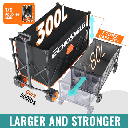 EchoSmile Collapsible Foldable Extended Wagon with 500Lbs Weight Capacity, 300L Folding Utility Wagon Cart with Big All-Terrain Wheels for Beach,Sport,Garden&Grocery (Black&Orange)