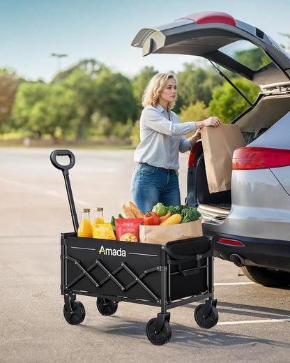 Small Wagon Cart Foldable, Collapsible Wagon with 360 LBS Max Load & Expandable Storage, 90L Foldable Grocery Cart with 2 Cup Holders for Outdoor, Garden, Camping &Groceries-Black