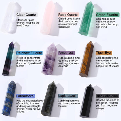 Junkin 9 Sets Healing Crystal Wand, Amethyst Rose Quartz Clear Quartz Tiger Eye Obsidian Fluorite Labradorite Lapis Lazuli for Meditation Crystal Therapy Reiki Supplies(Mixed Color,2.8-3.1 Inch)