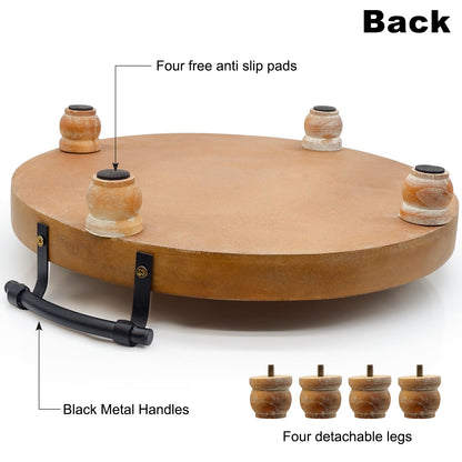 TOOLTENG Wooden Decorative Tray for Coffee Table, Round Wood Serving Tray with Metal Handles, 13 Inch Rustic Wood Trays for Tale Centerpiece, Home Kitchen Farmhouse Decor