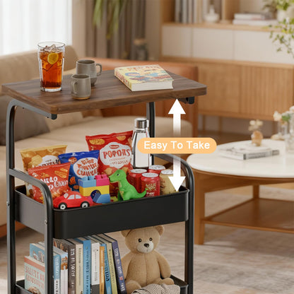 ULIKEUS Rolling Cart with Wooden Tabletop 3-Tier Metal Utility Rolling Cart Storage Organizer with Lockable Wheels for Kitchen, Office, Bedroom