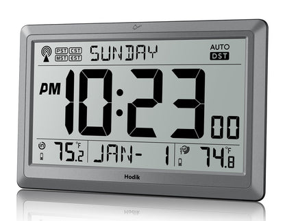HODIK Wall Clock Atomic with Indoor Outdoor Temperature Battery Powered, Easy Reading with 10.5 Inch LCD Display, 330FT Range Table Wall Clock with DST, 12/24 Hour for Living Room Kitchen (Silver)