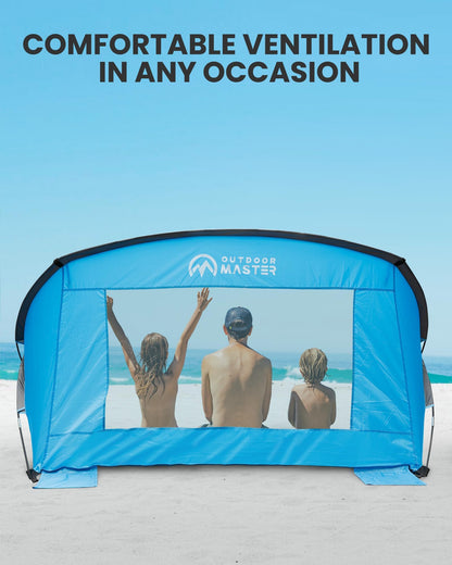 OutdoorMaster Updated Beach Tent for 3-4 Person - Easy Setup and Portable Beach Shade Sun Shelter Canopy with UPF 50+ UV Protection Removable Skylight Family Size -Sky Blue
