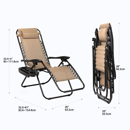 Nazhura Set of 2 Relaxing Recliners Patio Chairs Adjustable Steel Mesh Zero Gravity Lounge Chair Beach Chairs with Pillow and Cup Holder Khaki (Kahki)