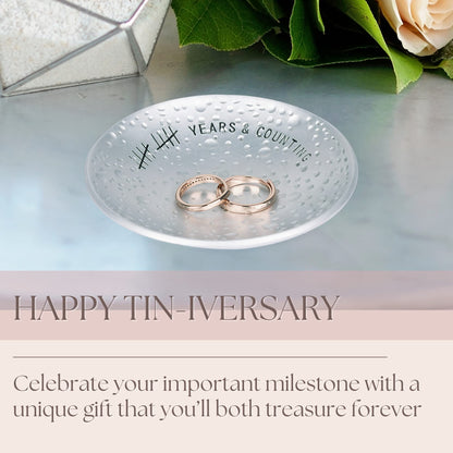 PureRejuva 10th Anniversary Tin Gifts – 4 In., Engraved, Aluminum Wedding Ring Holder Dish & Gift Box – 10 Year Wedding Gift for Him & 10 Year Anniversary for Her Textured Style
