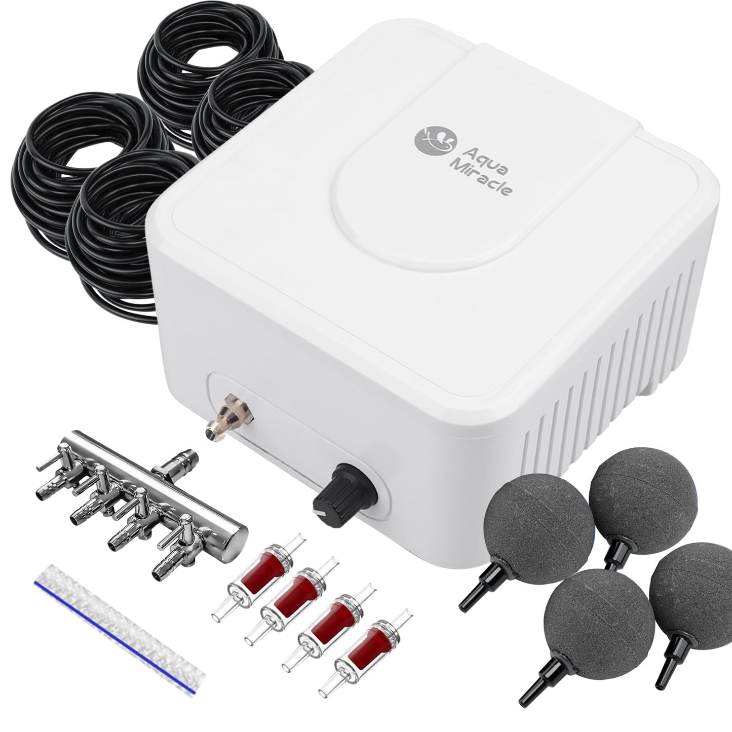 AquaMiracle All-in-One Koi Pond Aerator for Outdoor Ponds up to 3000 Gallons, Pond Air Pump Pond Aeration System with 4-Outlet Manifold Airline Tubing Air Stones Check Valves