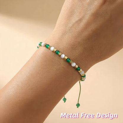 BEADSENER Green Agate Adjustable Charming Bracelet for Women, 3mm Natural Shell Gemstone Hematite Stone Beads, Pull String Slider Metal Free Design Waterproof, Gift for Her Daily Wear