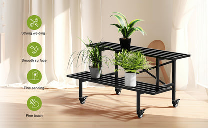 Zhongma 2 Tier Sturdy Metal Plant Stand with Wheels, L35.43 x W17.5 x H16.14 inch, Heavy Duty Plant Holder for Home Indoor and Outdoor,440 LBS Capacity & Heavy Duty Construction