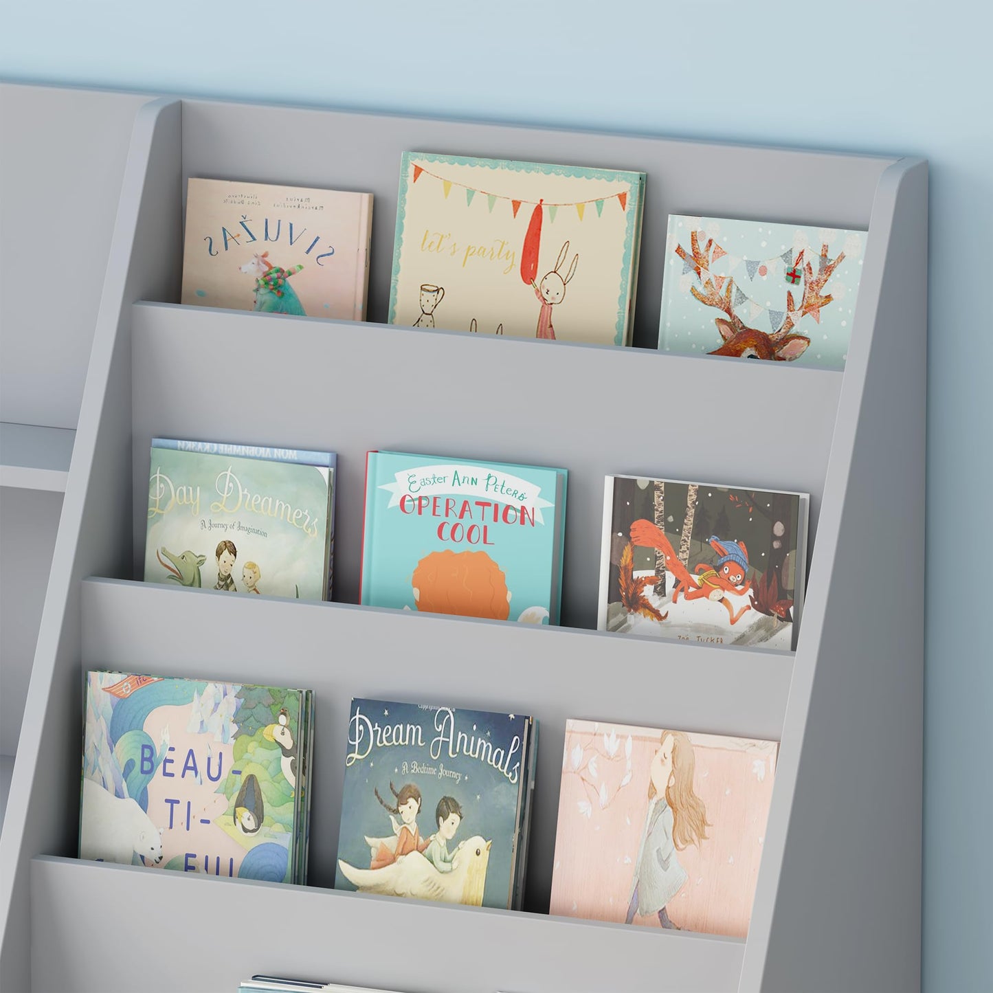 Ball & Cast Kids Bookshelf and Toy Storage,Toy Organizer W/ 4 Tier Kids Book Shelf,Toddler Montessori Bookshelf W/ 6 Layer Sling Children Bookcase,Wooden Display BookRack for Nursery Playroom,Gray