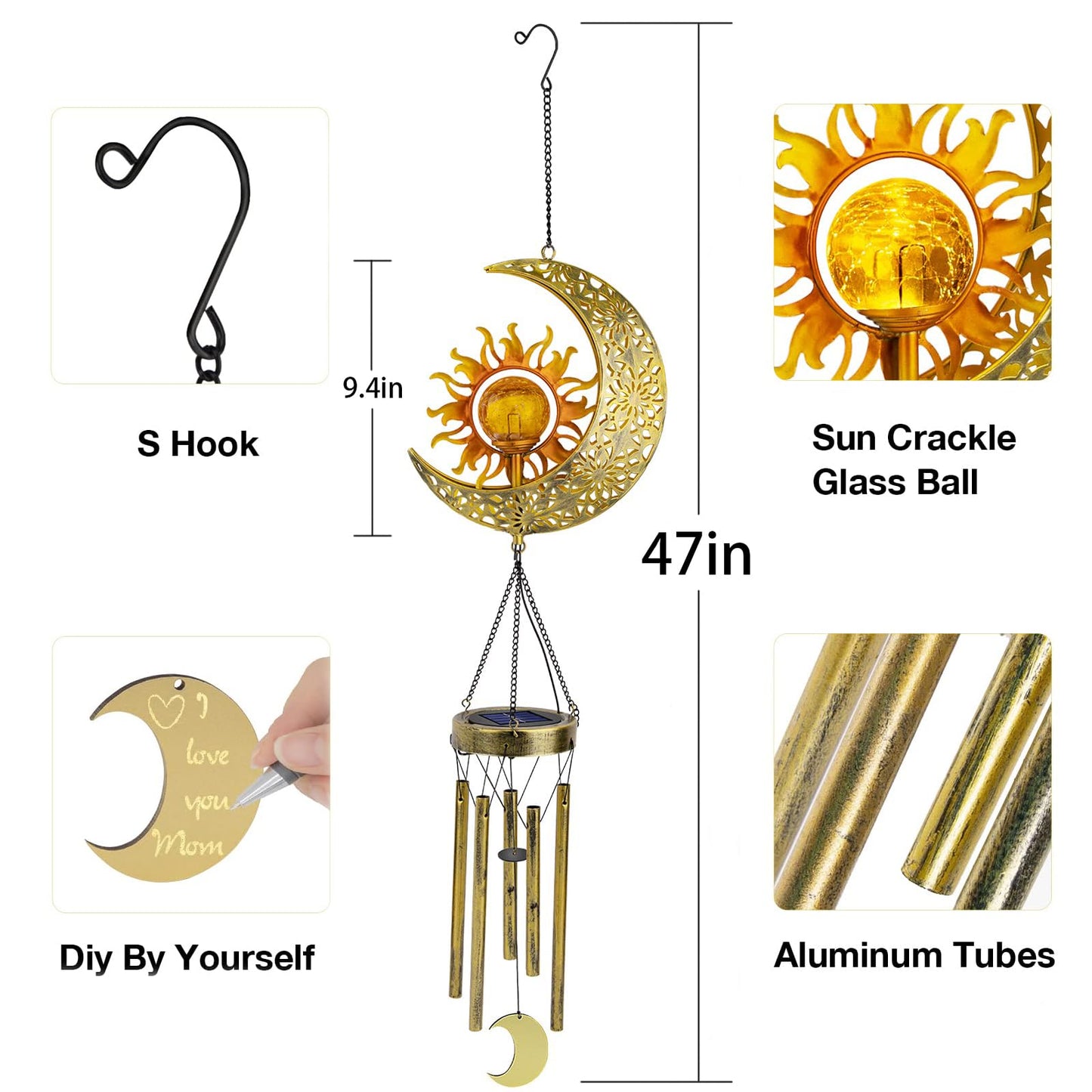 JYPS Sun Moon Solar Wind Chimes, 47-Inch Large Waterproof Windchimes for Outside with Glowing Crackle Glass Ball, Garden Patio Yard Decor Christmas Day Birthday Unique Gifts for Women Mom Grandma Wife