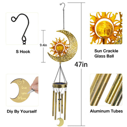 JYPS Sun Moon Solar Wind Chimes, 47-Inch Large Waterproof Windchimes for Outside with Glowing Crackle Glass Ball, Garden Patio Yard Decor Christmas Day Birthday Unique Gifts for Women Mom Grandma Wife