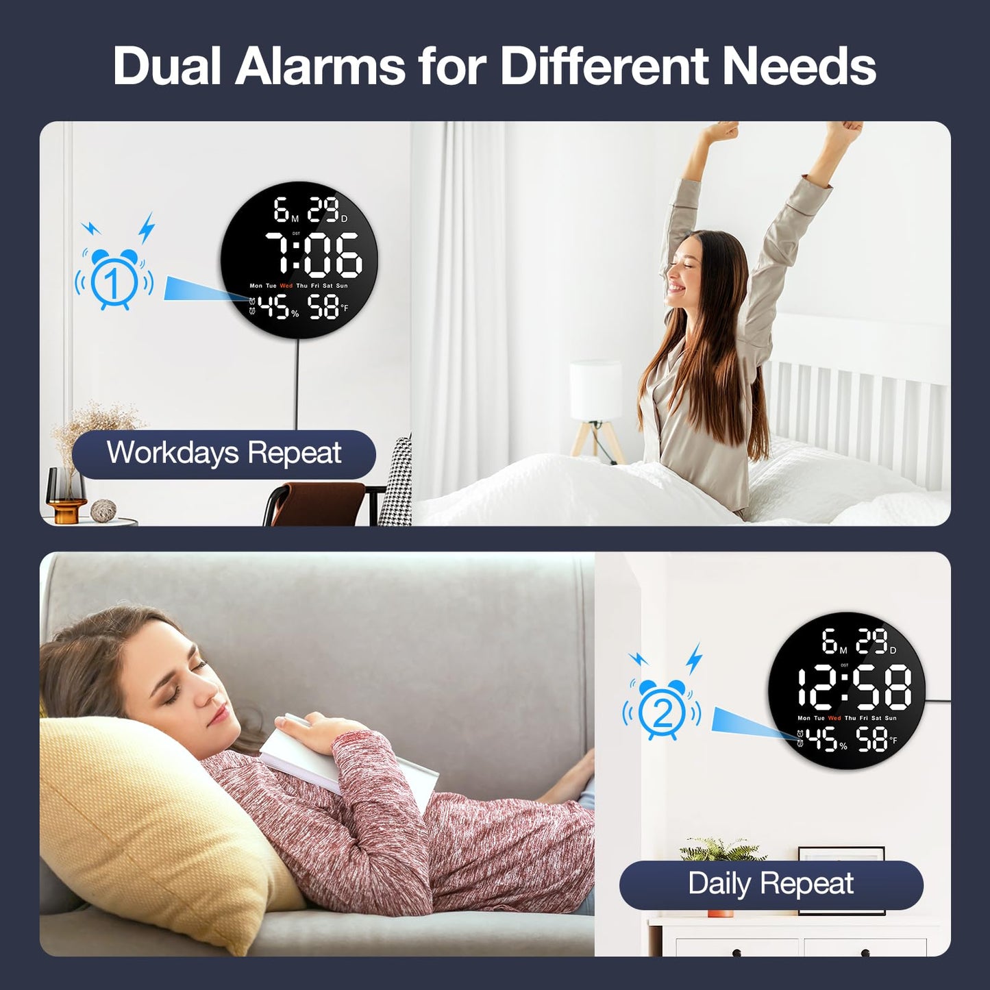 Brauthon Large Digital Wall Clock for Classroom, 10 Inch Large Display LED Electric Round Clocks for Teachers, Kids Office with Date, Temperature, Timer, Remote Control (White)