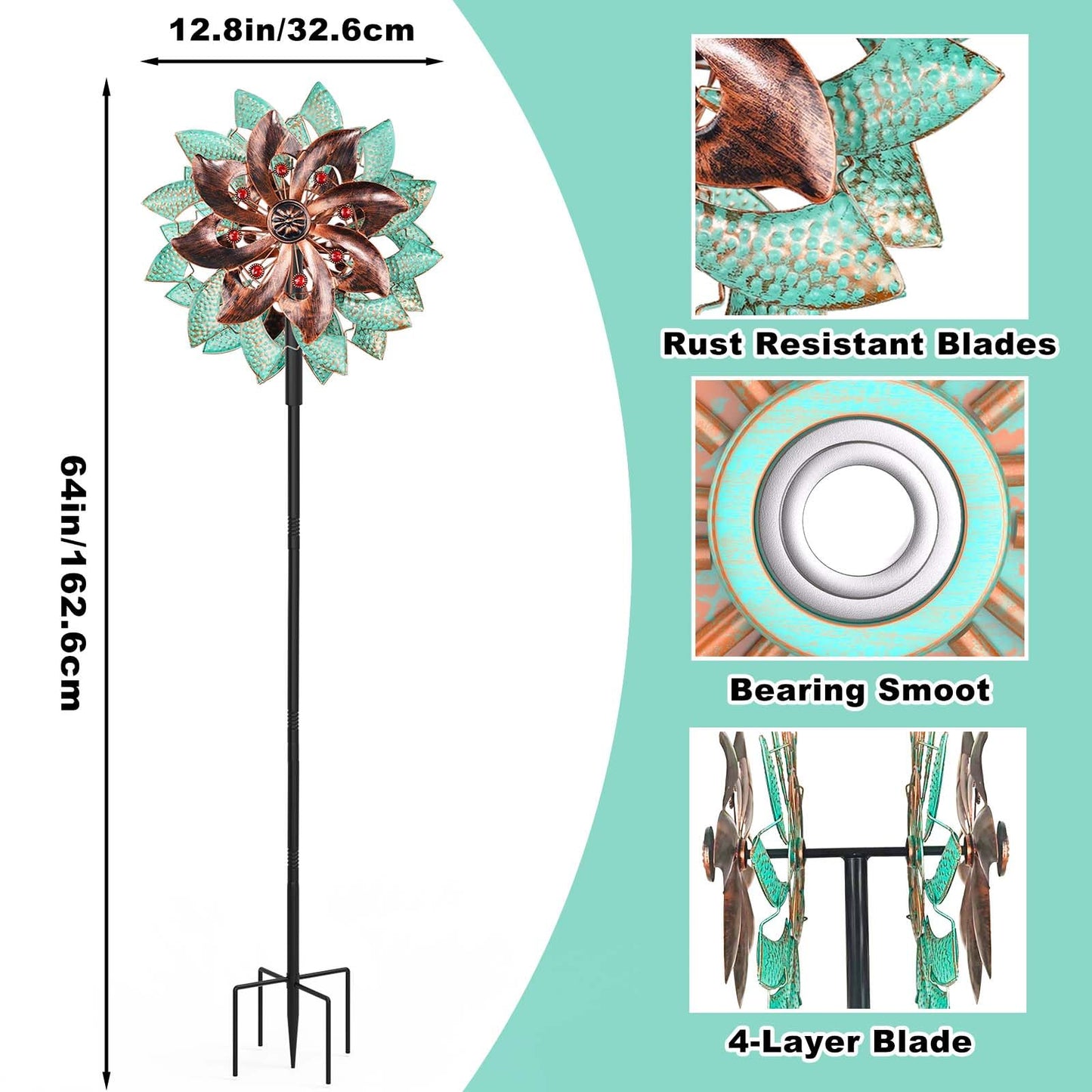 KHayRovies 360°Metal Wind Spinners Outdoor for Garden Yard, 64" Kinetic Large Wind Spinner & Sculptures with Stable Metal Stake, Garden Windmill for Yard Lawn Patio Art Decor (Green-Brown)