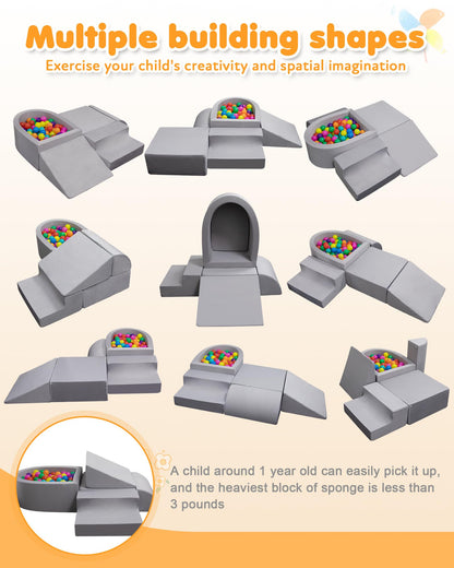 Auksay Baby Climbing Blocks, Soft Play Set for Crawling Baby 6-12 Months, Anti-Slip Particles Bottom & Velcro Connectors, High-Density Foam Gym with Soft Fabric Cover (Balls not Included)(Grey)