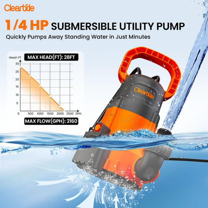 Cleartide 1/4 HP Submersible Utility Pump, 2160 GPH High Flow, Thermoplastic Portable Sump Pump with Auto Water Sensor, Ideal for Pool, Flooded Basement, Hot Tub, Pond & Garden Draining,10 FT Cord