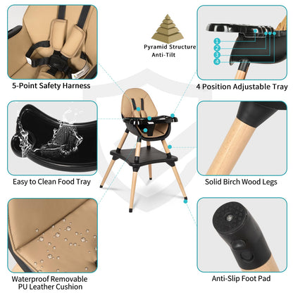 6 in 1 High Chair for Babies & Toddlers, Convertible Wooden Baby Highchair, Table and Chair Set, Baby Feeding Chair, 5-Point Adjustable Harness/4-Position Removable Tray& PU Seat Cushion (Black)