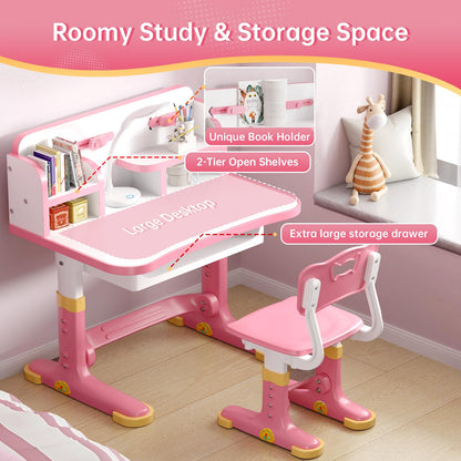 Xaperexi Kids Desk and Chair Set, Height Adjustable Child's School Study Writing Tables, Kids Desk with Bookstand and Storage Drawer, Widened Desktop with Desktop for Boys and Girls