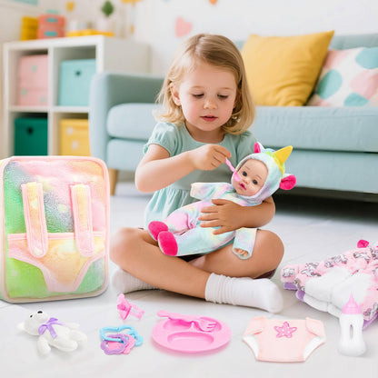 deAO 12 Inch Soft Baby Doll Backpack Glow in Dark Carrier Playset Toys Baby Care Toys Set with 12''Doll Clothes Bottle Accessories Birthday Gift for Toddlers Boys Girls