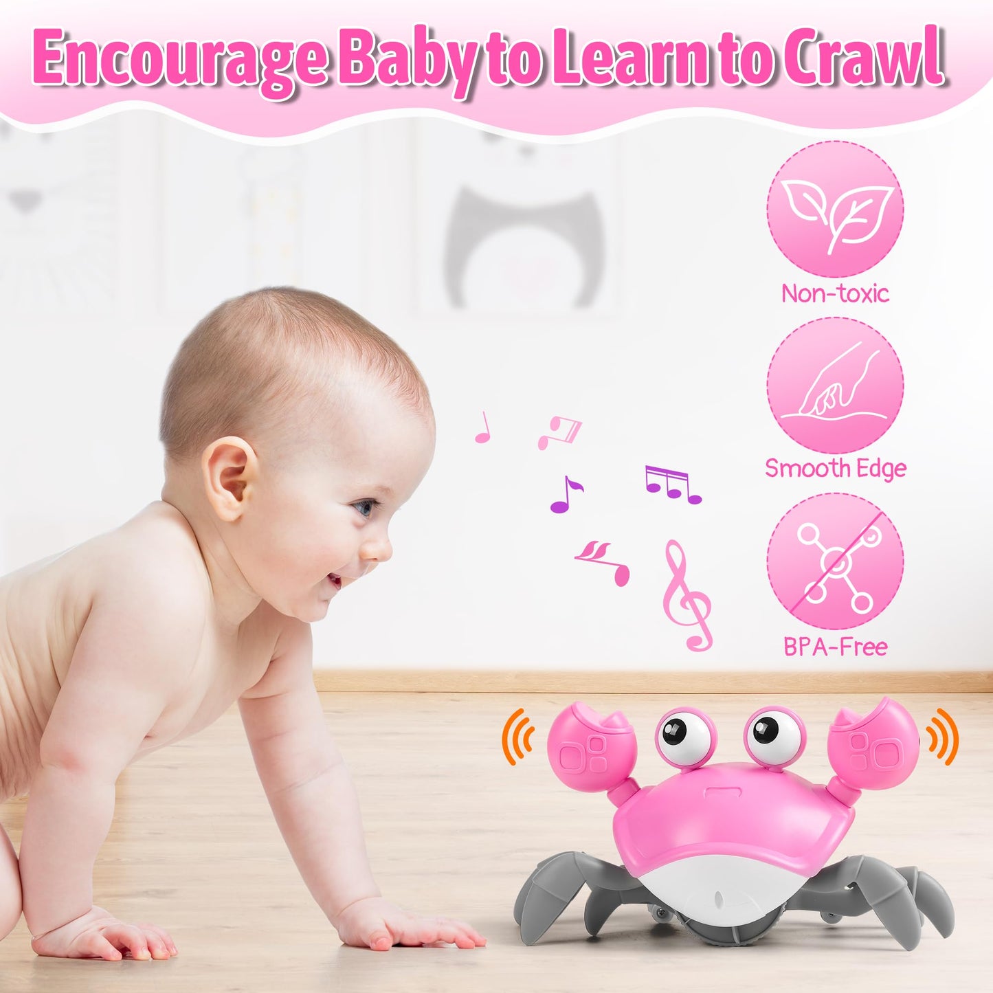 Hirger Crawling Crab Baby Girl Toy, Dancing Walking Infant Toy for Tummy Time, Sensory Toy for 3-6-12-18 Months Babies & Toddlers 1-2-3, Musical Birthday Gift