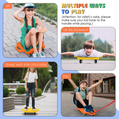4 Scooter Boards with Handles for Kids Sitting, Floor Scooters Gym Scooters Set with Ropes for School Gym Activities and Indoor Outdoor Play