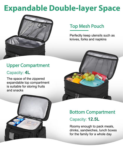 Tactical Lunch Box for Men, Large Insulated Lunch Bag for Adult, Heavy Duty Double Deck Expandable Lunch Cooler Bag with American Flag, Leakproof Soft Lunch Pail for Work Office Camping - Black