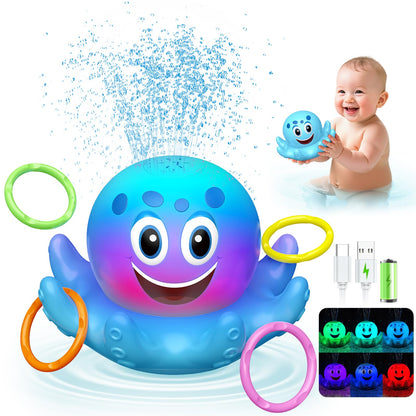 Octopus Bath Toys for Toddlers| Rechargeable Automatic Sprinkler Water Toys with LED Lights & 4 Toss Rings,150 Mins Battery Life,Baby Toys for 6-12 12-18 Months Gifts for Boys Girls 1-5 Years Old