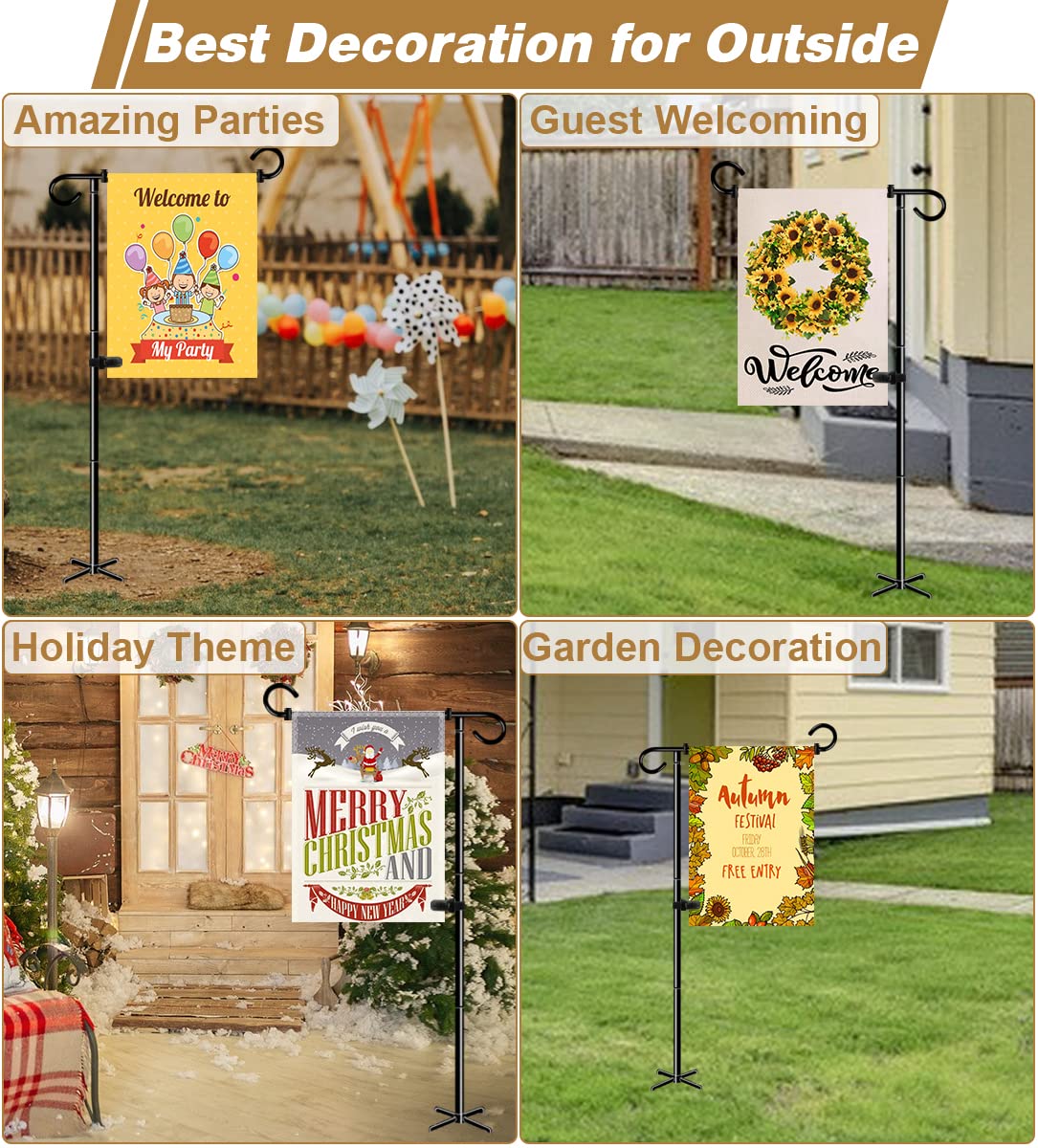Whoonba 51 Inch Tall Garden Flag Stand Holder with 5 Prong base, Yard Flag Pole Holder for 12x18 Outdoor Small Flag Decor with Two Spring Stoppers and a Tiger clip, 1 Pack