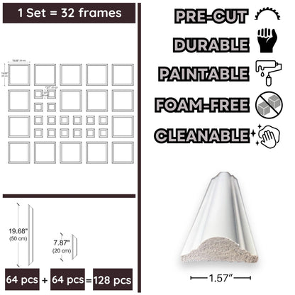 Peel and Stick Wall Molding Kit | Pre-Cut Paintable Wainscoting Panels | 16 Frames 19.68” + 16 Frames 7.87” (Totally 32 pcs) | Easy Install Decorative Wall Trim for Bedroom, Living Room