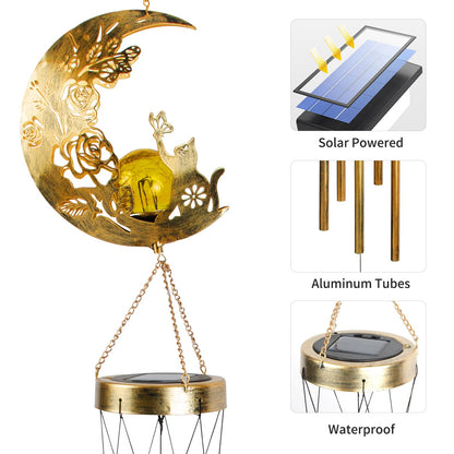 Cat Moon-Wind Chime, Cat Lover Gift Solar-Lantern Windchime, Wind Chimes Outdoor, Garden-Gifts, Garden Moon Decor, SolarWind Chimes, Solar-Light, Patio Hanging Light, Gifts for Mom, Grandma,Sister