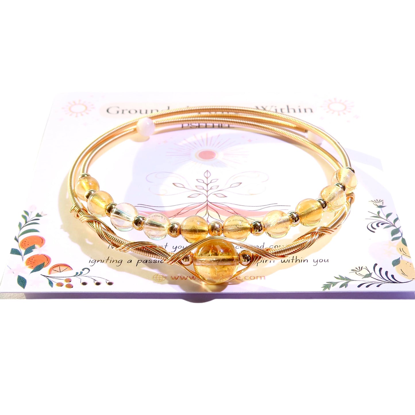 PSEEHEE Handmade Genuine Citrine Crystal Double Layered 14k Gold Filled Wire Wrapped Bracelet, Birthstone Chakra Healing Gemstone Crystal Beads Adjustable Bangle Cuff Jewelry Gift for Women